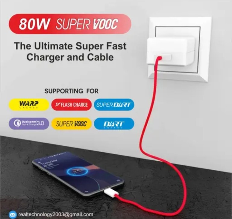 Original 80W Super vooc charger With Type C Data Cable Support - SUPER VOOC, SUPER DART, DASH, SUPER FAST, ULTRA FAST, QUICK, And All type C mobile -57% Phone Charge in just 30 mint